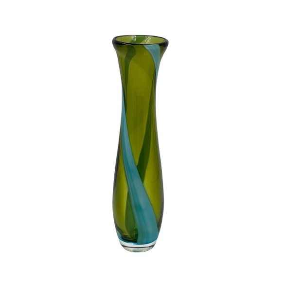 Accents Vintage Large 125 T Green Art Glass Bud Vase Wlight Blue